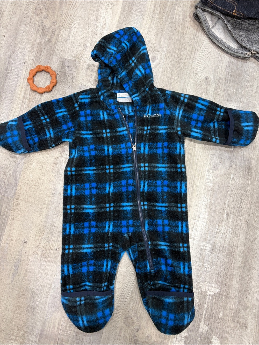 Columbia Black and Blue Plaid Fleece Hooded One-Piece